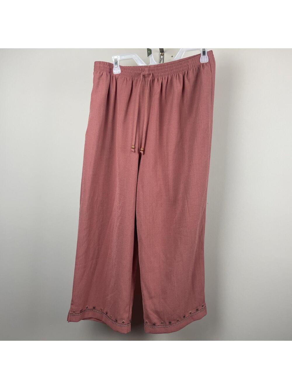 Alfred Dunner Pants Womens 16 Pink Capri Straight Leg Silk Blend Bead Trim Solid